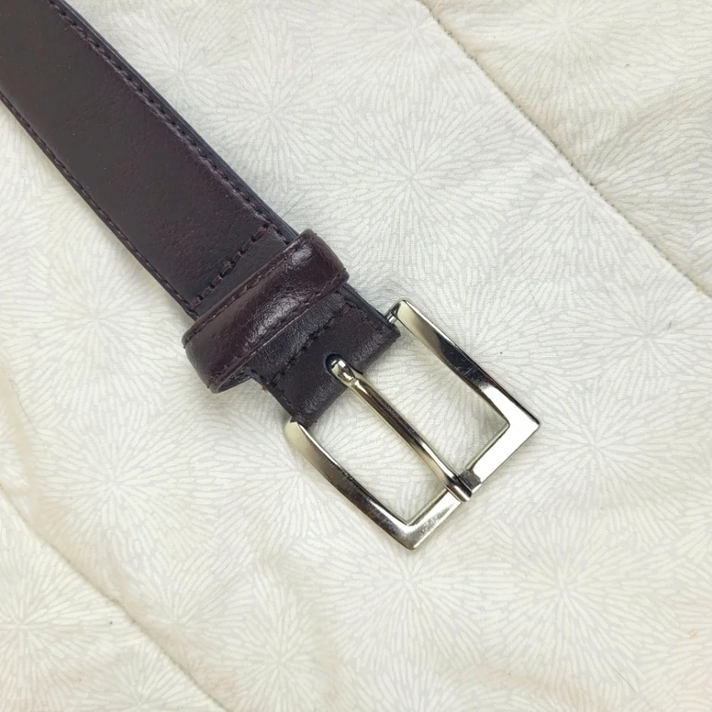 Espresso brown Italian leather belt square silver buckle minimal classic S/M